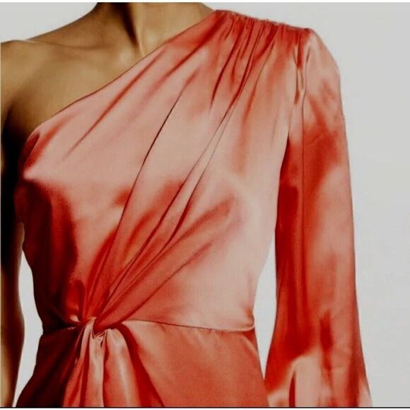 CINQ À SEPT Stace One Shoulder Silk Top Neon Coral Size XS - Picture 5 of 5
